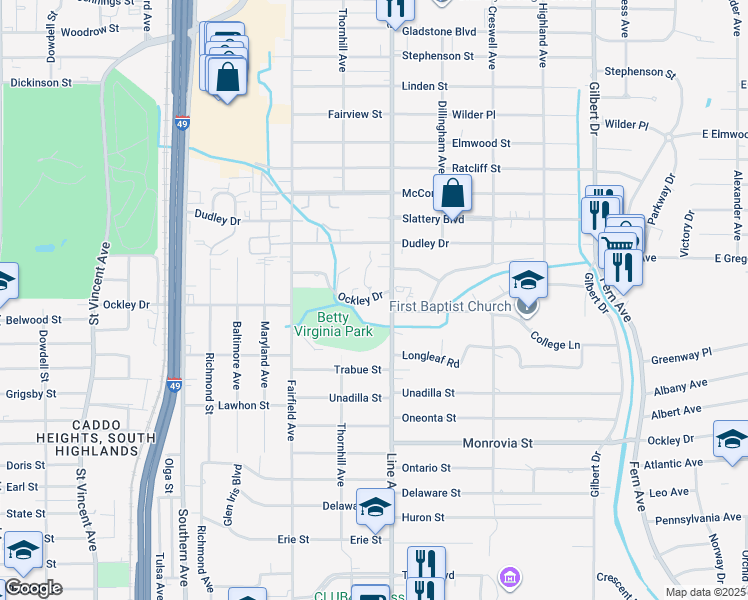 map of restaurants, bars, coffee shops, grocery stores, and more near 835 Ockley Drive in Shreveport