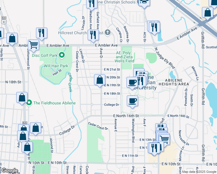 map of restaurants, bars, coffee shops, grocery stores, and more near 610 East North 18th Street in Abilene