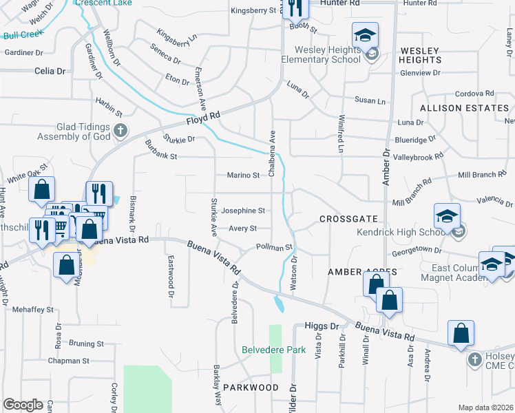 map of restaurants, bars, coffee shops, grocery stores, and more near 4828 Josephine Street in Columbus