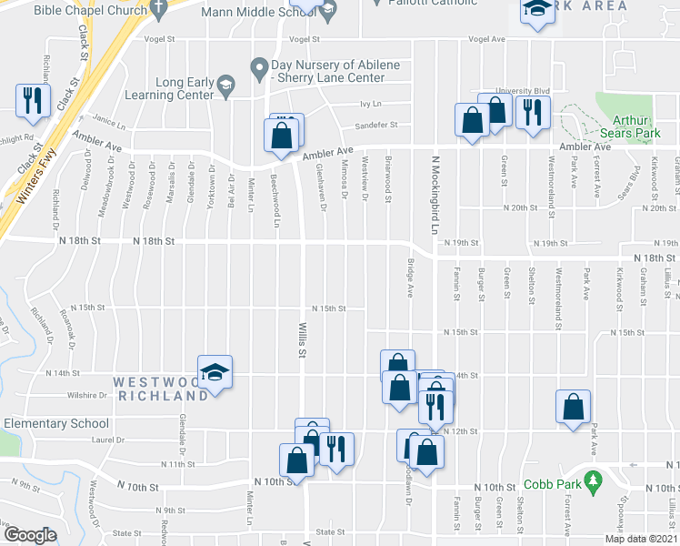 map of restaurants, bars, coffee shops, grocery stores, and more near 1648 Mimosa Drive in Abilene