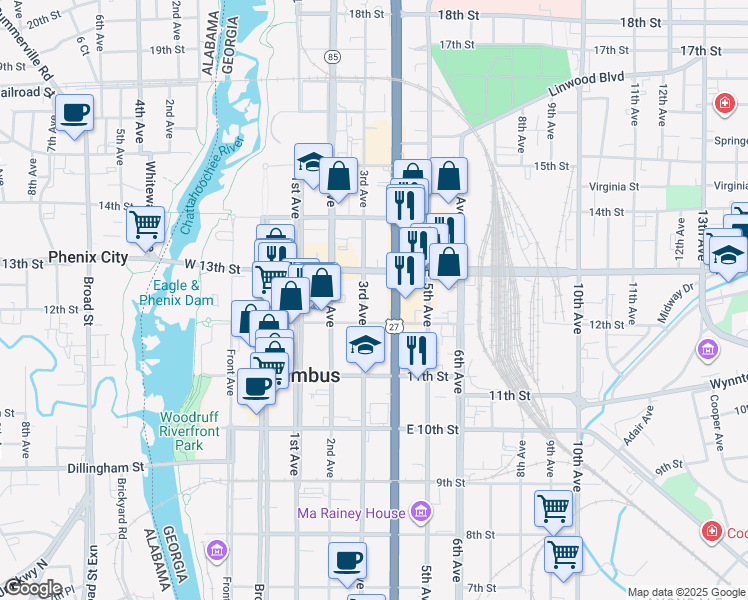 map of restaurants, bars, coffee shops, grocery stores, and more near 1220 3rd Avenue in Columbus