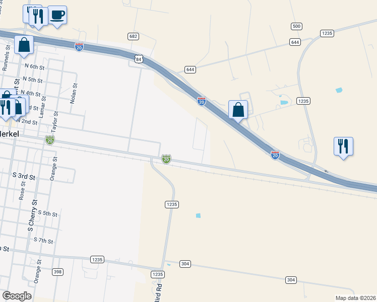 map of restaurants, bars, coffee shops, grocery stores, and more near 45 Humphreys Village in Merkel