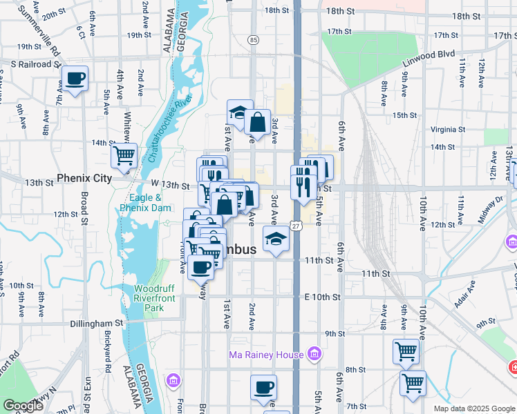 map of restaurants, bars, coffee shops, grocery stores, and more near 211 12th Street in Columbus