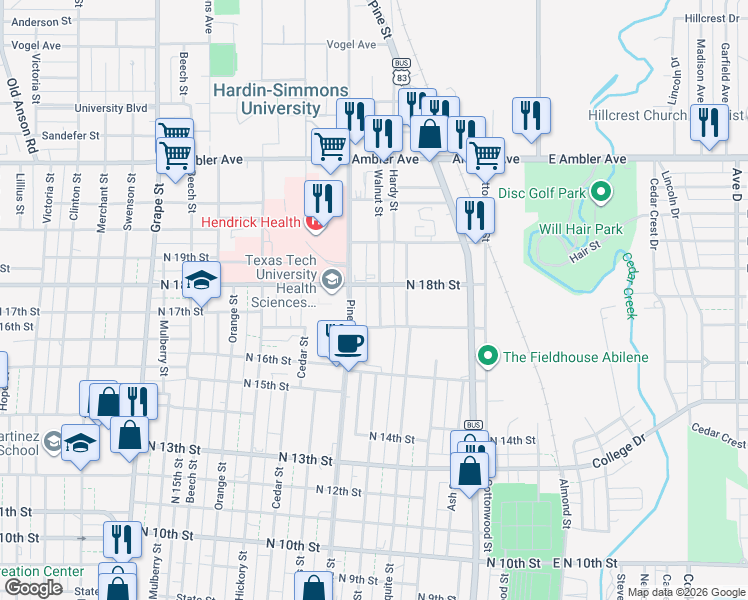 map of restaurants, bars, coffee shops, grocery stores, and more near 1717 Pine Street in Abilene