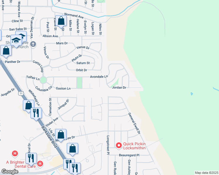 map of restaurants, bars, coffee shops, grocery stores, and more near 425 Jordan Drive in Bossier City