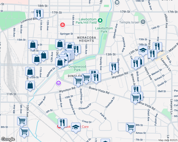 map of restaurants, bars, coffee shops, grocery stores, and more near 1203 16th Avenue in Columbus