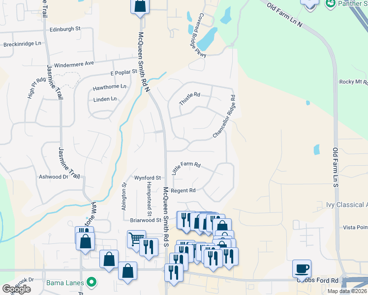map of restaurants, bars, coffee shops, grocery stores, and more near 1908 Chancellor Ridge Road in Prattville