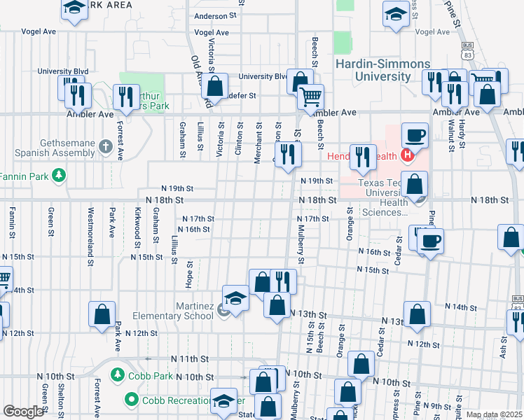 map of restaurants, bars, coffee shops, grocery stores, and more near 1726 Swenson Street in Abilene