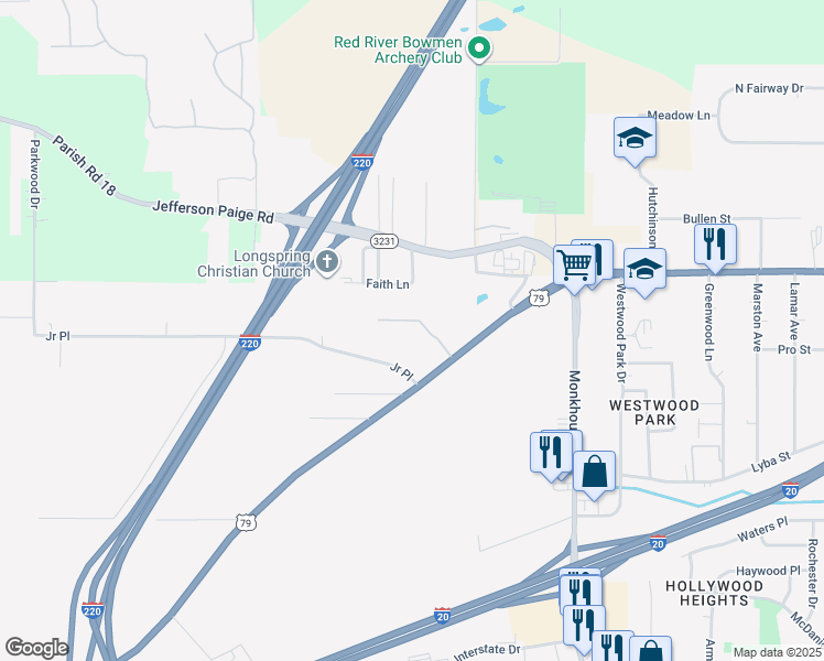 map of restaurants, bars, coffee shops, grocery stores, and more near 3204 Junior Place in Shreveport