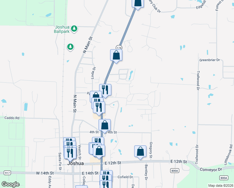map of restaurants, bars, coffee shops, grocery stores, and more near 117 Oak Hill Drive in Joshua