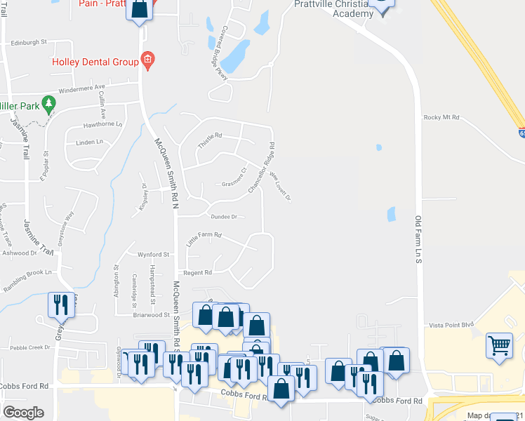map of restaurants, bars, coffee shops, grocery stores, and more near 610 Castle Brood Road in Prattville