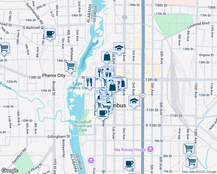 map of restaurants, bars, coffee shops, grocery stores, and more near 1204 Broadway in Columbus