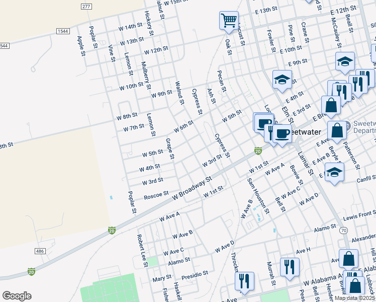 map of restaurants, bars, coffee shops, grocery stores, and more near 700 West 4th Street in Sweetwater