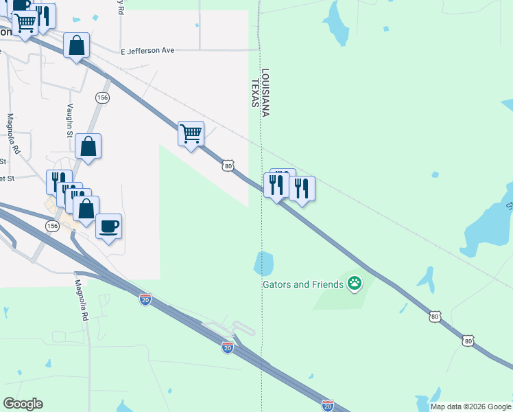 map of restaurants, bars, coffee shops, grocery stores, and more near 1205 West Texas Avenue in Waskom