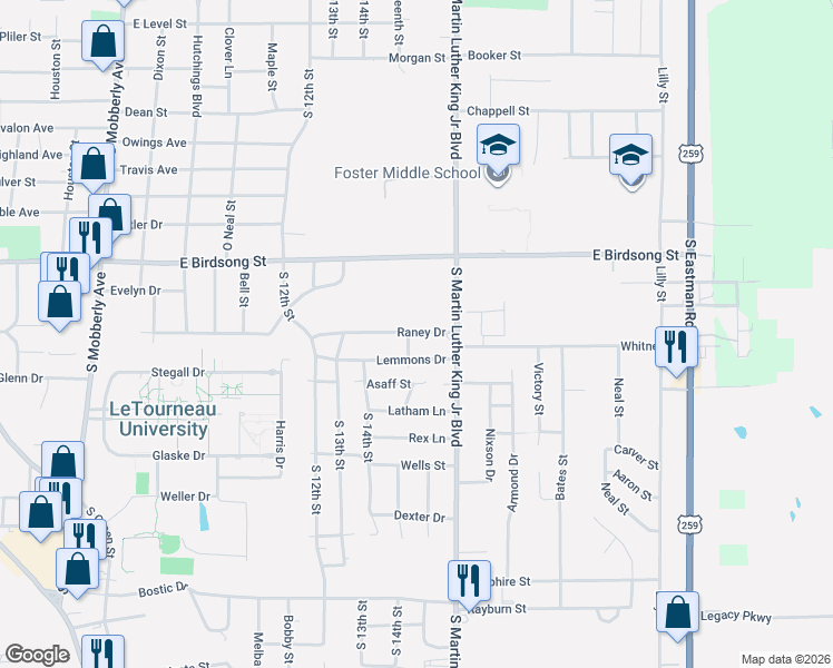 map of restaurants, bars, coffee shops, grocery stores, and more near 1203 Lemmons Drive in Longview