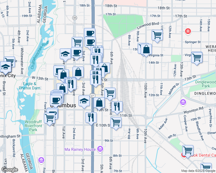 map of restaurants, bars, coffee shops, grocery stores, and more near 501 12th Street in Columbus