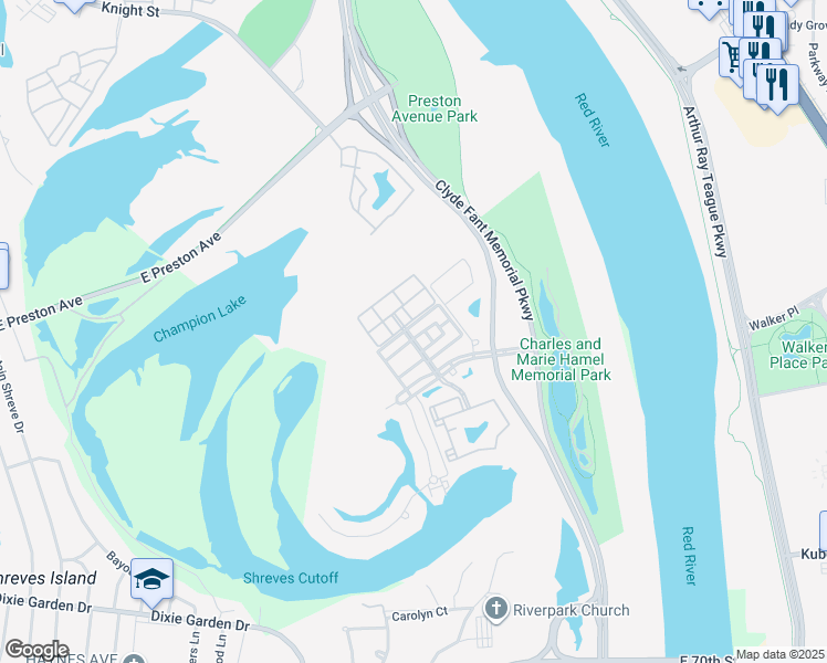 map of restaurants, bars, coffee shops, grocery stores, and more near 1004 North Crescent Cove in Shreveport