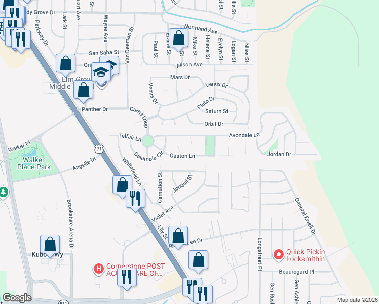 map of restaurants, bars, coffee shops, grocery stores, and more near 331 Gaston Lane in Bossier City