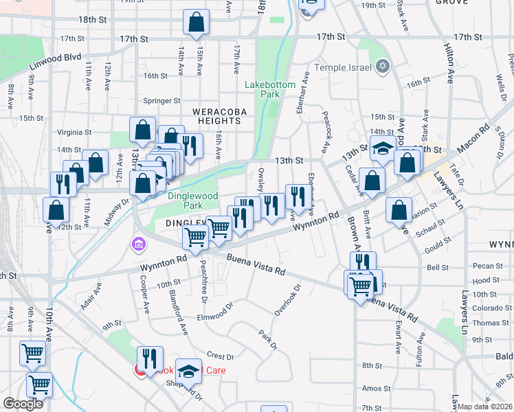 map of restaurants, bars, coffee shops, grocery stores, and more near 1719 12th Street in Columbus