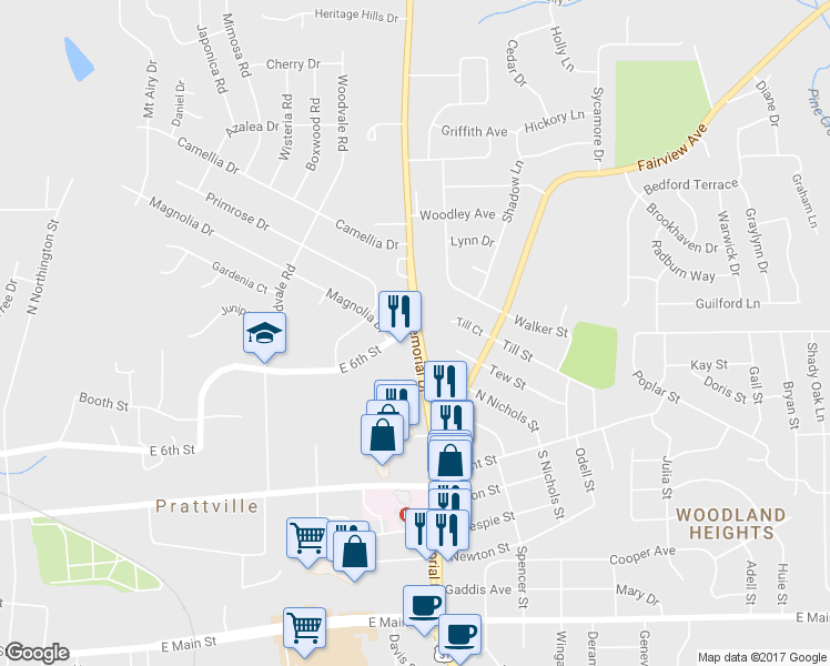 map of restaurants, bars, coffee shops, grocery stores, and more near 299 North Memorial Drive in Prattville