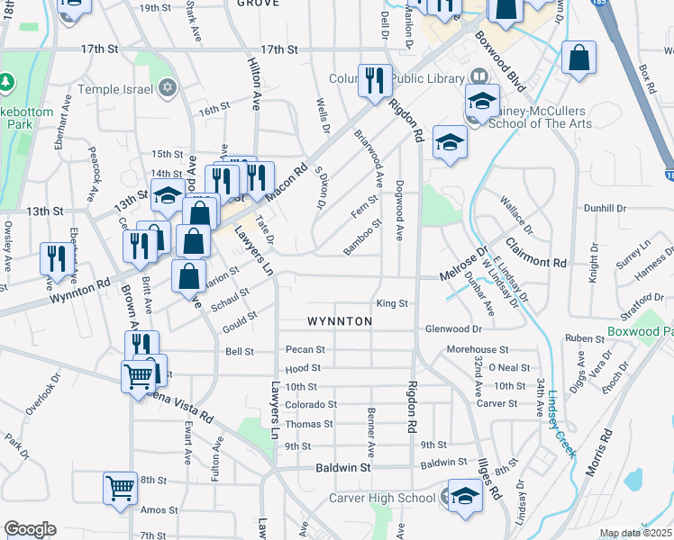map of restaurants, bars, coffee shops, grocery stores, and more near 2736 Schaul Street in Columbus
