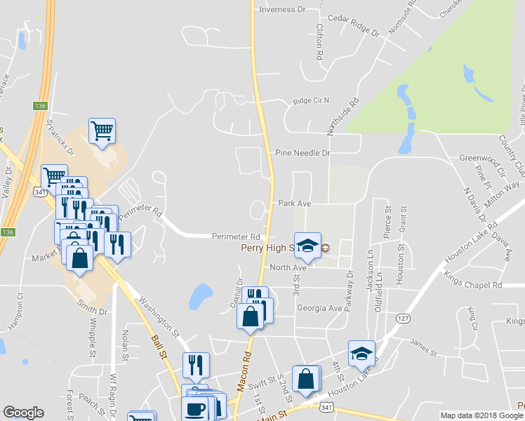 map of restaurants, bars, coffee shops, grocery stores, and more near 1603 Macon Road in Perry