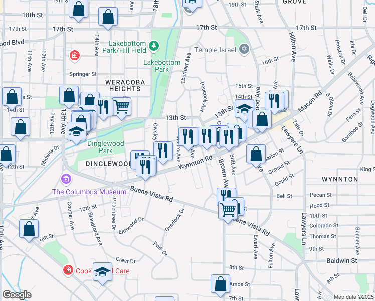 map of restaurants, bars, coffee shops, grocery stores, and more near 1933 Wynnton Road in Columbus