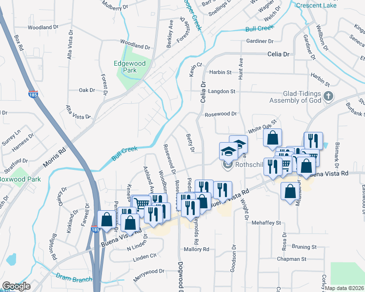 map of restaurants, bars, coffee shops, grocery stores, and more near 1119 Betty Drive in Columbus