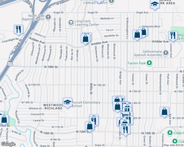 map of restaurants, bars, coffee shops, grocery stores, and more near 1600 Glenhaven Drive in Abilene