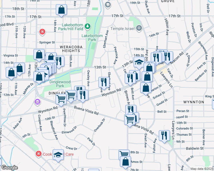 map of restaurants, bars, coffee shops, grocery stores, and more near 2001 Wynnton Road in Columbus