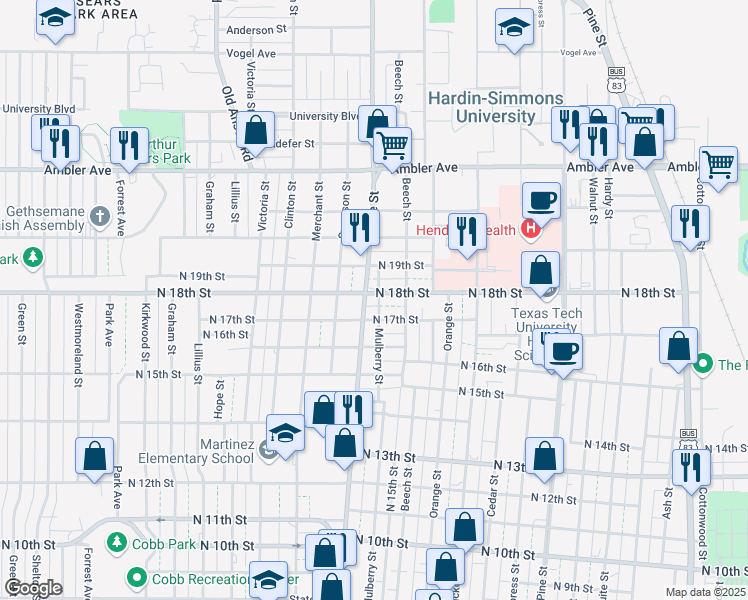 map of restaurants, bars, coffee shops, grocery stores, and more near 1605 North 17th Street in Abilene