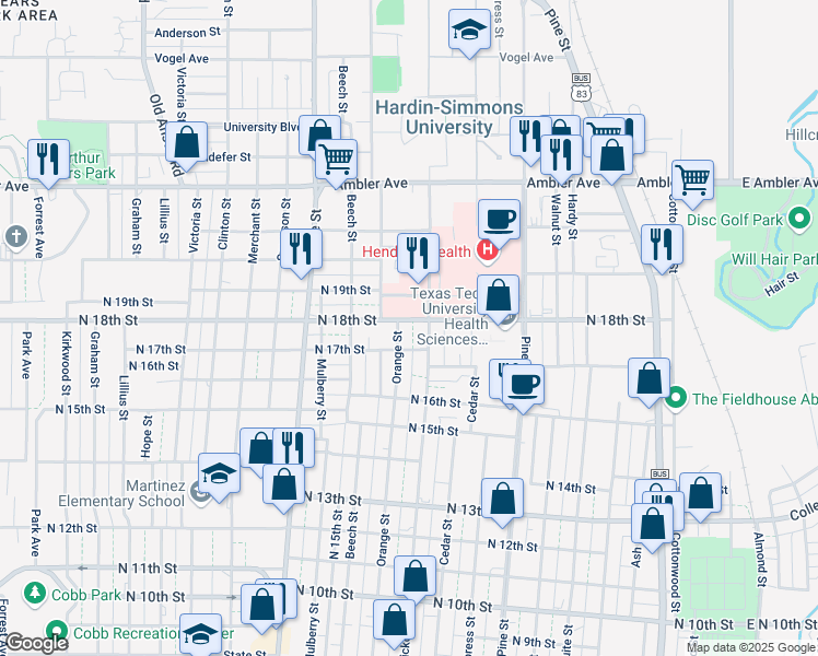 map of restaurants, bars, coffee shops, grocery stores, and more near 1325 North 18th Street in Abilene