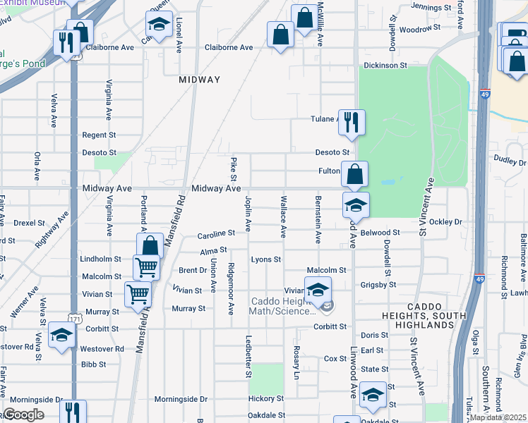 map of restaurants, bars, coffee shops, grocery stores, and more near 1817 Midway Street in Shreveport