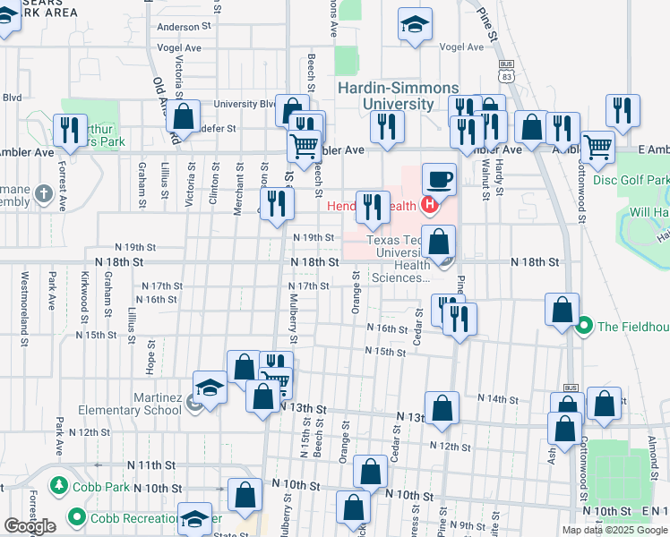 map of restaurants, bars, coffee shops, grocery stores, and more near 1450 North 17th Street in Abilene