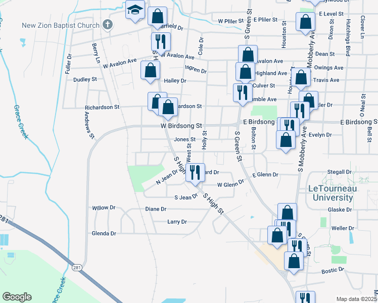map of restaurants, bars, coffee shops, grocery stores, and more near 2001 West Street in Longview