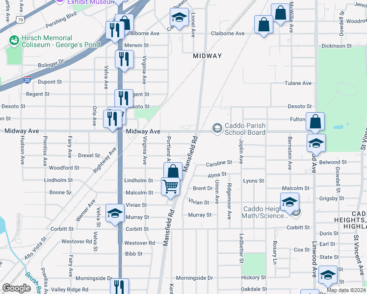 map of restaurants, bars, coffee shops, grocery stores, and more near 4222 Mansfield Road in Shreveport