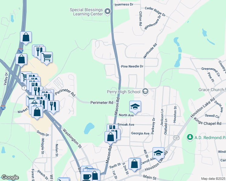 map of restaurants, bars, coffee shops, grocery stores, and more near 1603 Macon Road in Perry