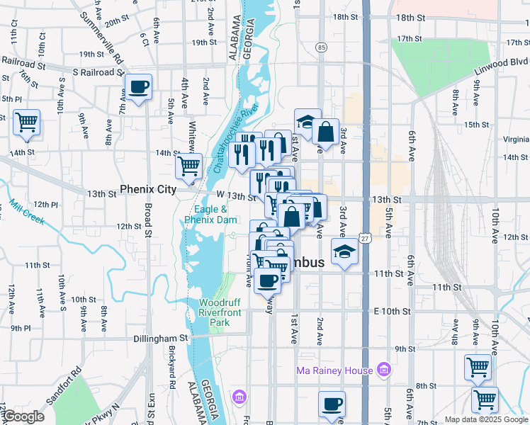 map of restaurants, bars, coffee shops, grocery stores, and more near 1250 Broadway in Columbus