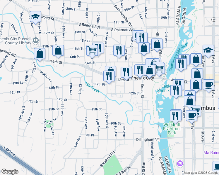 map of restaurants, bars, coffee shops, grocery stores, and more near 1223 9th Ave in Phenix City