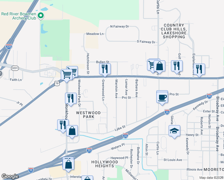 map of restaurants, bars, coffee shops, grocery stores, and more near 4140 Marston Avenue in Shreveport