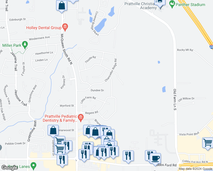 map of restaurants, bars, coffee shops, grocery stores, and more near 1930 Chancellor Ridge Road in Prattville
