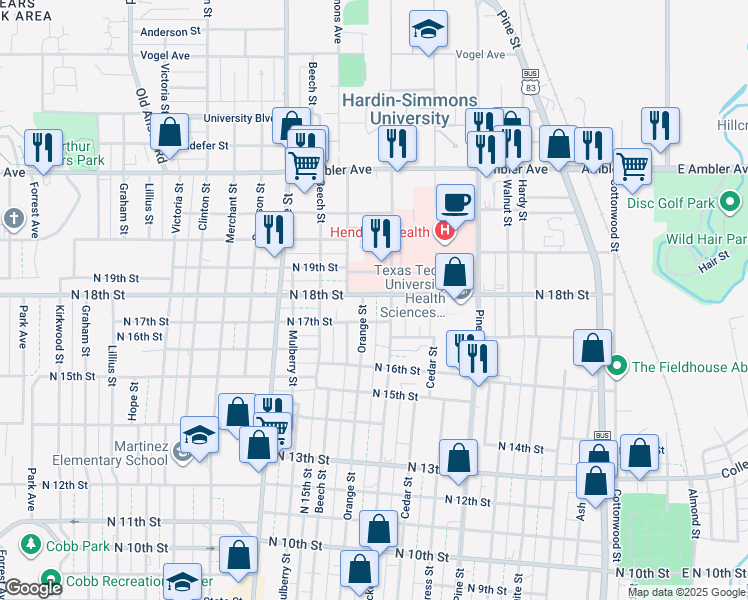 map of restaurants, bars, coffee shops, grocery stores, and more near 1325 North 18th Street in Abilene