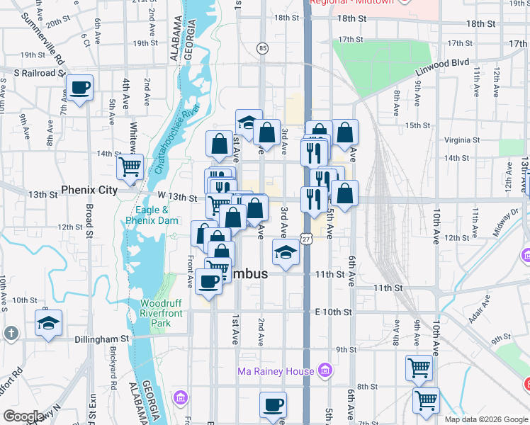 map of restaurants, bars, coffee shops, grocery stores, and more near 1234 2nd Avenue in Columbus