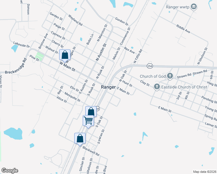 map of restaurants, bars, coffee shops, grocery stores, and more near in Ranger