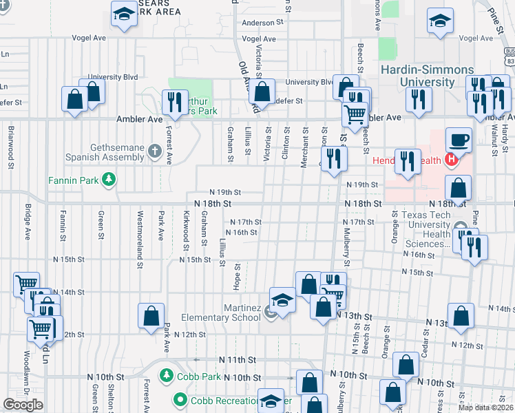 map of restaurants, bars, coffee shops, grocery stores, and more near 1825 Victoria Street in Abilene