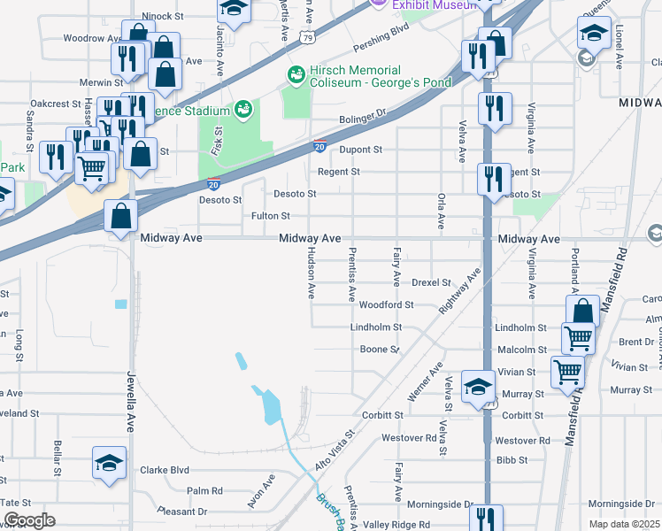 map of restaurants, bars, coffee shops, grocery stores, and more near 3131 Devaughn Street in Shreveport