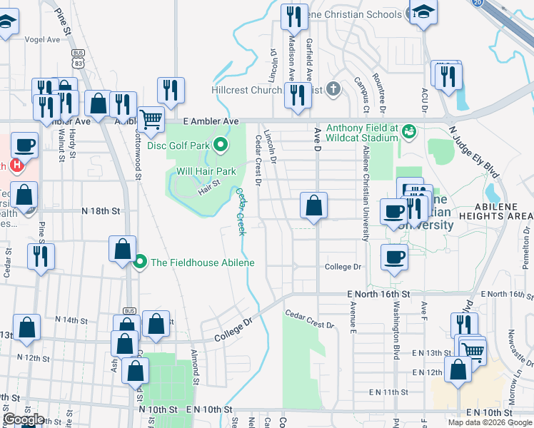 map of restaurants, bars, coffee shops, grocery stores, and more near 410 East North 19th Street in Abilene