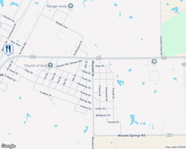 map of restaurants, bars, coffee shops, grocery stores, and more near 801 Ranch Road 571 in Ranger
