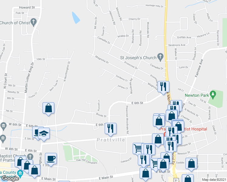 map of restaurants, bars, coffee shops, grocery stores, and more near 229 Juniper Court in Prattville