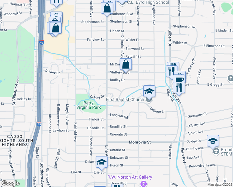 map of restaurants, bars, coffee shops, grocery stores, and more near 3830 Creswell Avenue in Shreveport